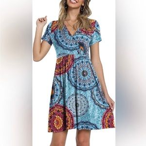 Small Short Sleeve V Neck Floral A-Line Swing Dress